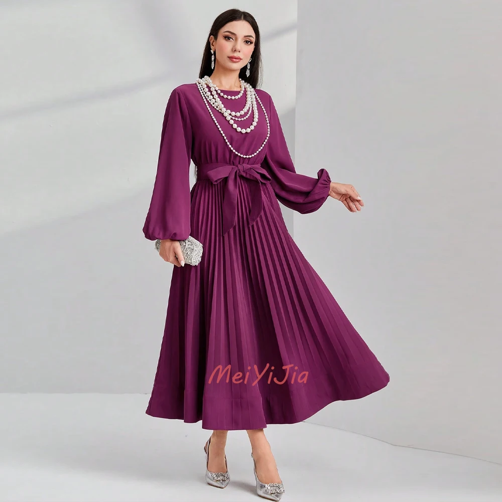 

MeiYiJia Simple O-Neck Ruffle Satin A-Line Long-Sleeves Ankle-Length Saudi Arabia Sexy Evening Birthday Club Outfits Summer 2024