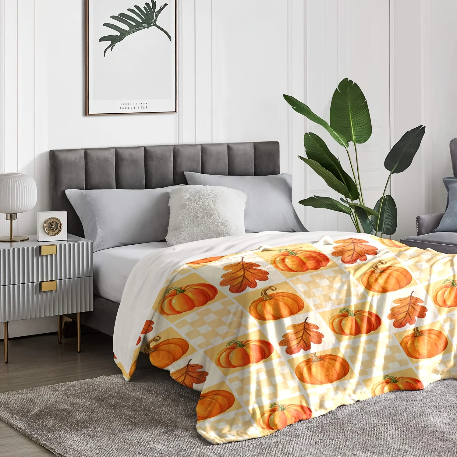 1pc Digital Printing Check Patterned Patchwork Autumn Pumpkin-Style Flannel Blanket, a Soft, Comfortable and Warm Plush Throw Bl