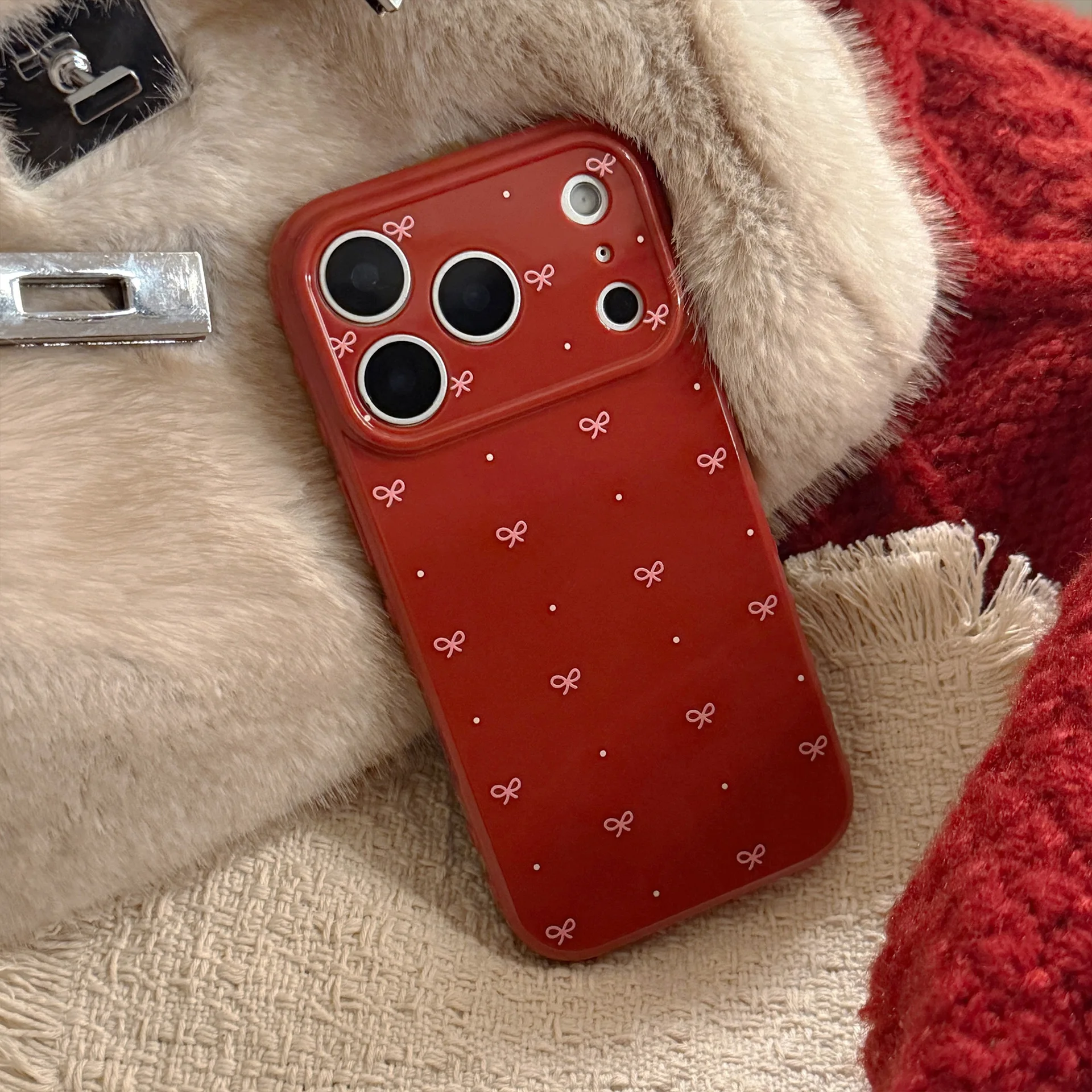 Koreanische Vollbild-Handyhülle mit Rotem Schleifenknoten und Polka Dots für iPhone 11 12 13 14 16 15 17 Pro Max Stoßfeste Schutzhülle