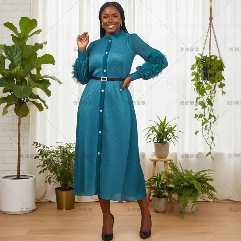Miyake  Africa Plus Size Temperament Women's Dress Pleated Long Sleeve Single Breasted Shirt Straight Long Dress Europe America