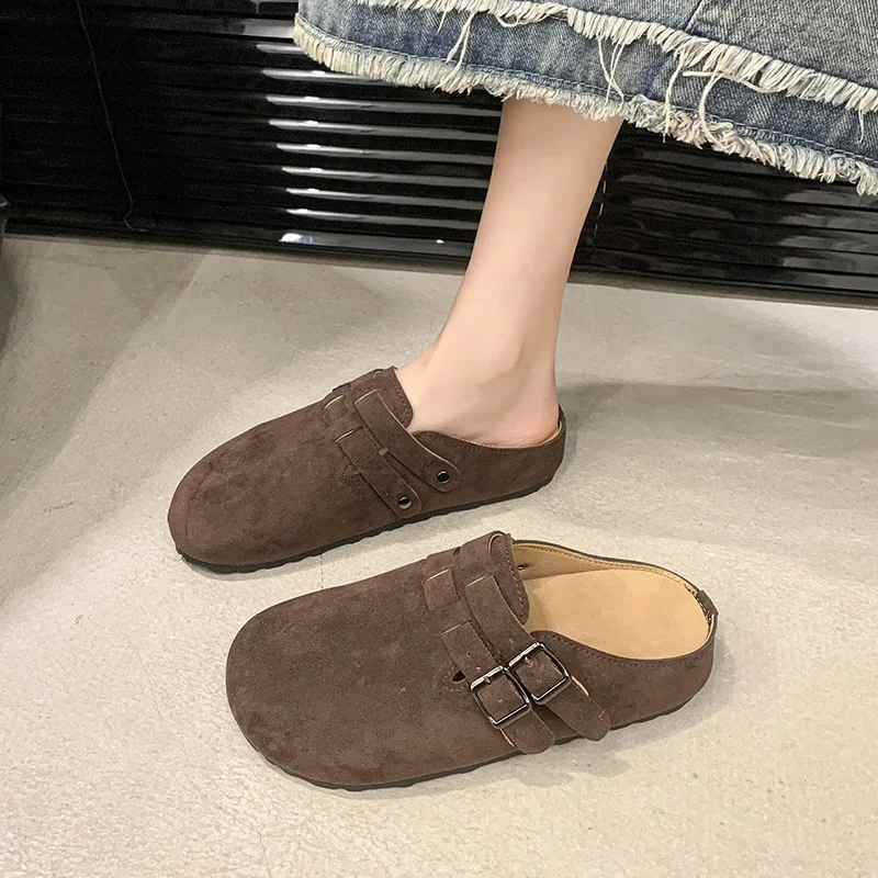 Women's Outdoor Mules Slippers 2025 Retro Cow Suede Leather Clogs Cork Insole Sandals Beach Slides Home Shoes Zapatos De Mujer