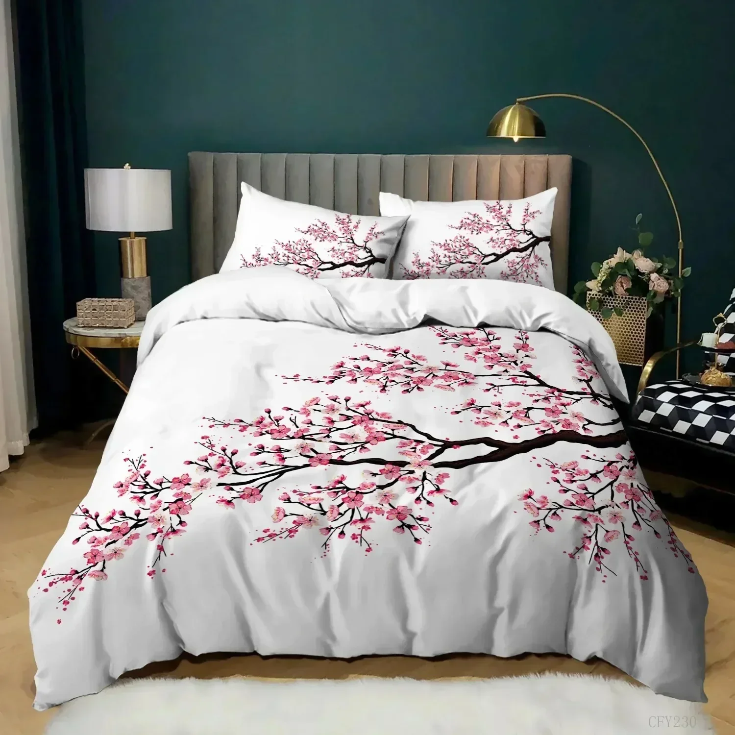 

New Plum Blossom Bedding Set Red Flower Floral Comforter Cover Kids Girls Teens Women,Japanese Ink Style Duvet Cover King Size