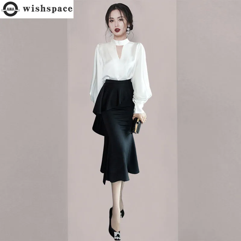 Korean Popular Personality Long-sleeved Chiffon Shirt Ruffled Skirt Two-piece Elegant Women Skirt Suit Office Manager Outfits