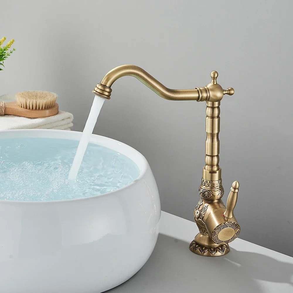 Uythner Kitchen Sink Faucets Retro Brass Antique Bronze Single Handle Kitchen Basin Faucets Deck Mounted Hot&Cold Water Mix Tap