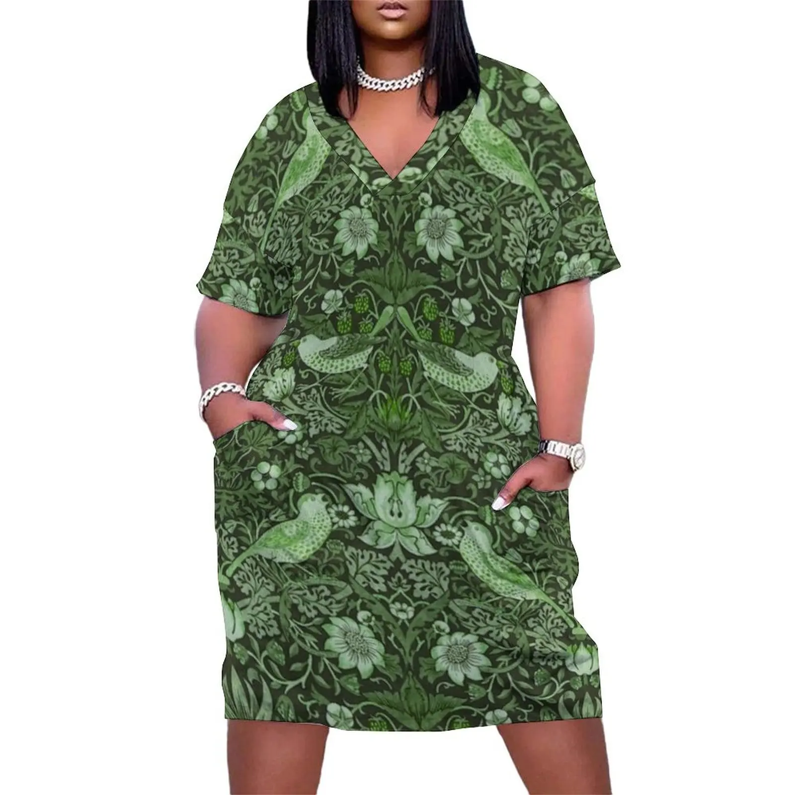 William Morris - strawberry thief, green Loose Pocket Dress Women