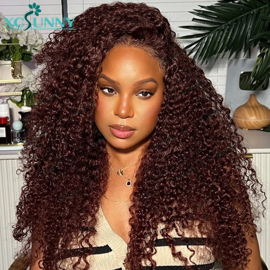 

Reddish Brown 13x6 Lace Frontal Wig kinky Curly Wigs Human Hair Transparent Lace Frontal Wig Preplucked For Women Xcsunny