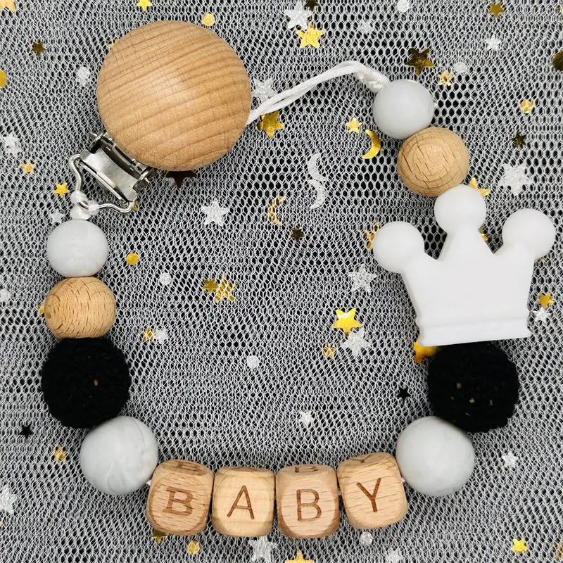 Custom Name Personalise Beech Baby Boy Girl Pacifier Clips Holder Chain Chew Silicone Crown Infant Newborn Teether Teething Gift