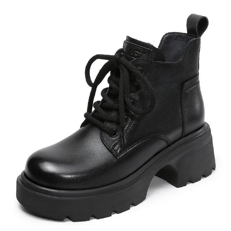 DRKANOL 2026 Women Thick High Heel Ankle Boots British Style Autumn Winter Warm Plush Genuine Cow Leather Chunky Platform Boots