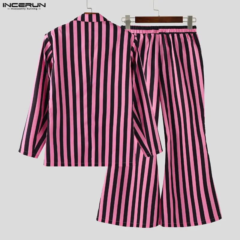 INCERUN أطقم رجالية مخططة بأكمام طويلة سترة مزدوجة الصدر وسراويل مضيئة طقم مكون من قطعتين ملابس خروج عصرية للرجال بدل غير رسمية #5