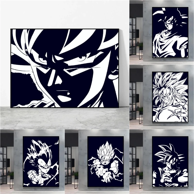 Pintura de pared de Dragon Ball en blanco y negro que muestra el encanto de los personajes como Goku, un gran artículo de decoración del hogar para fanáticos del anime