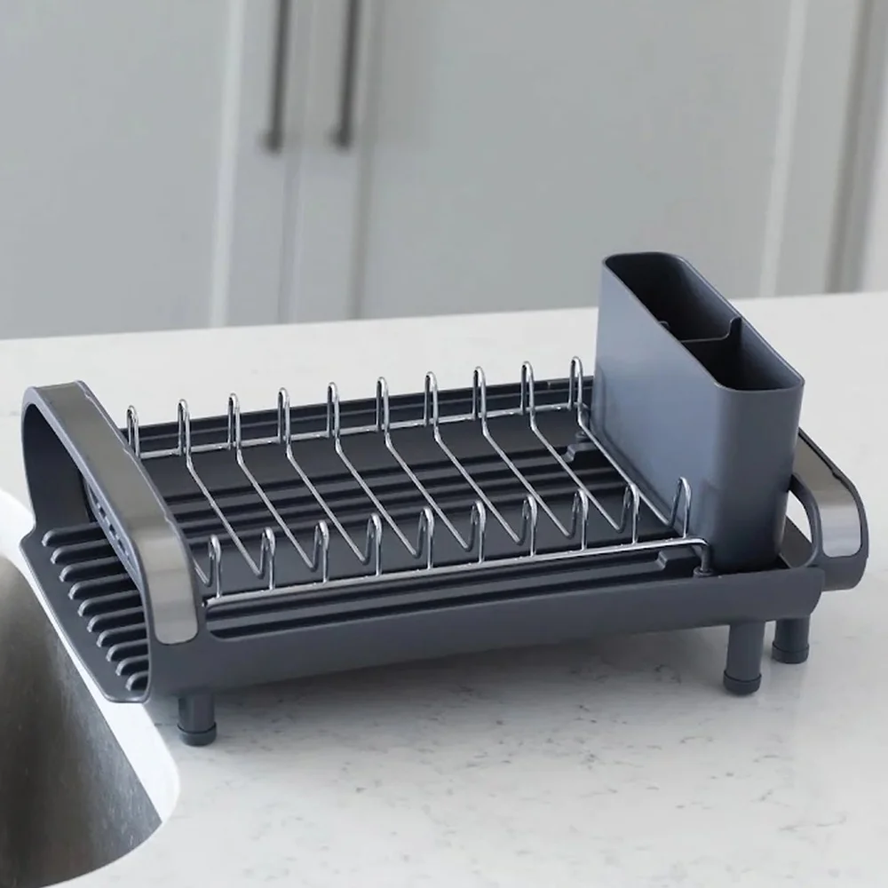 Compact Expanding Dish Rack Holds 9 Plates Movable Cutlery Holder Scratch-Proof Feet Countertop Drying Cups Cookware Accessories