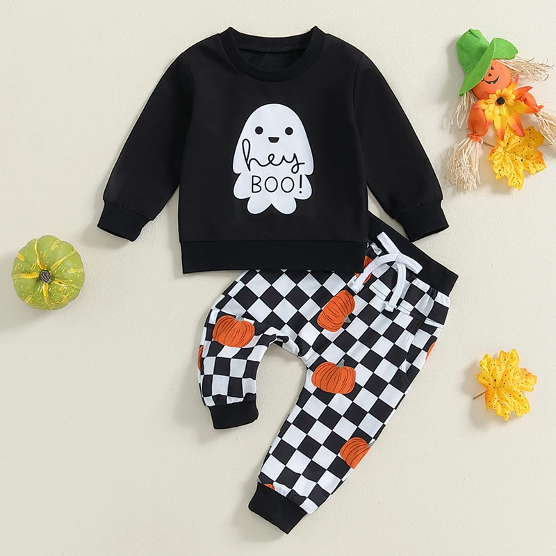 Toddler Boy Halloween Outfits Ghost Print Long Sleeve Sweatshirt with Plaid Pattern Elastic Waist Pants 2Pcs Set