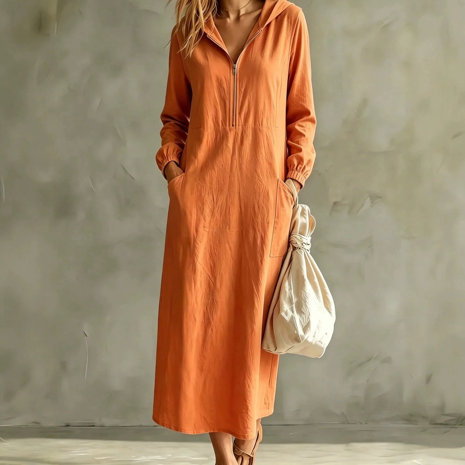 Greenora Laid-back Style Hooded Long Sleeve Cotton Linen Dress Drawstring Sleeve Holiday Mood Half Zipper Street Trend Loose Fit