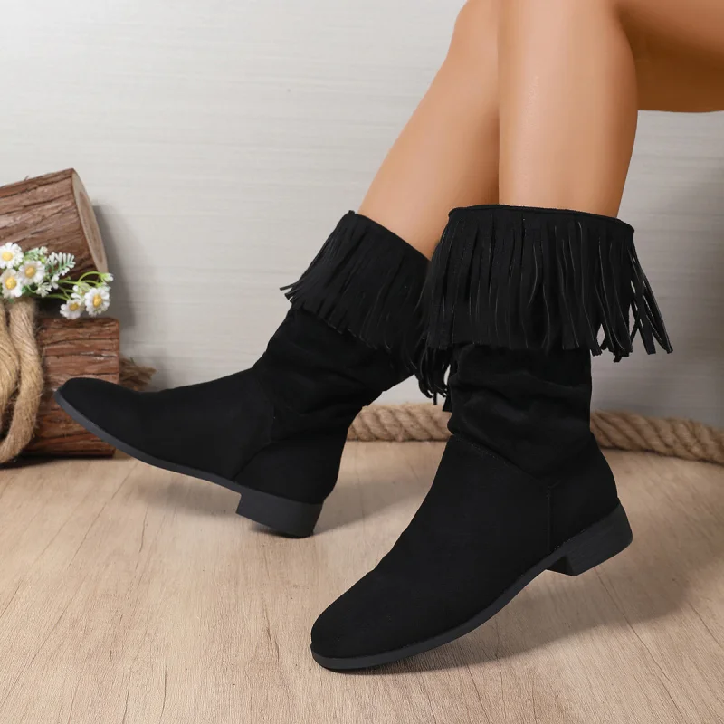 

Chunky Heel Thick Sole Tassel European American Style Round Toe Patchwork Slip-On Mid Heel Plus Size Mid-Calf Boots