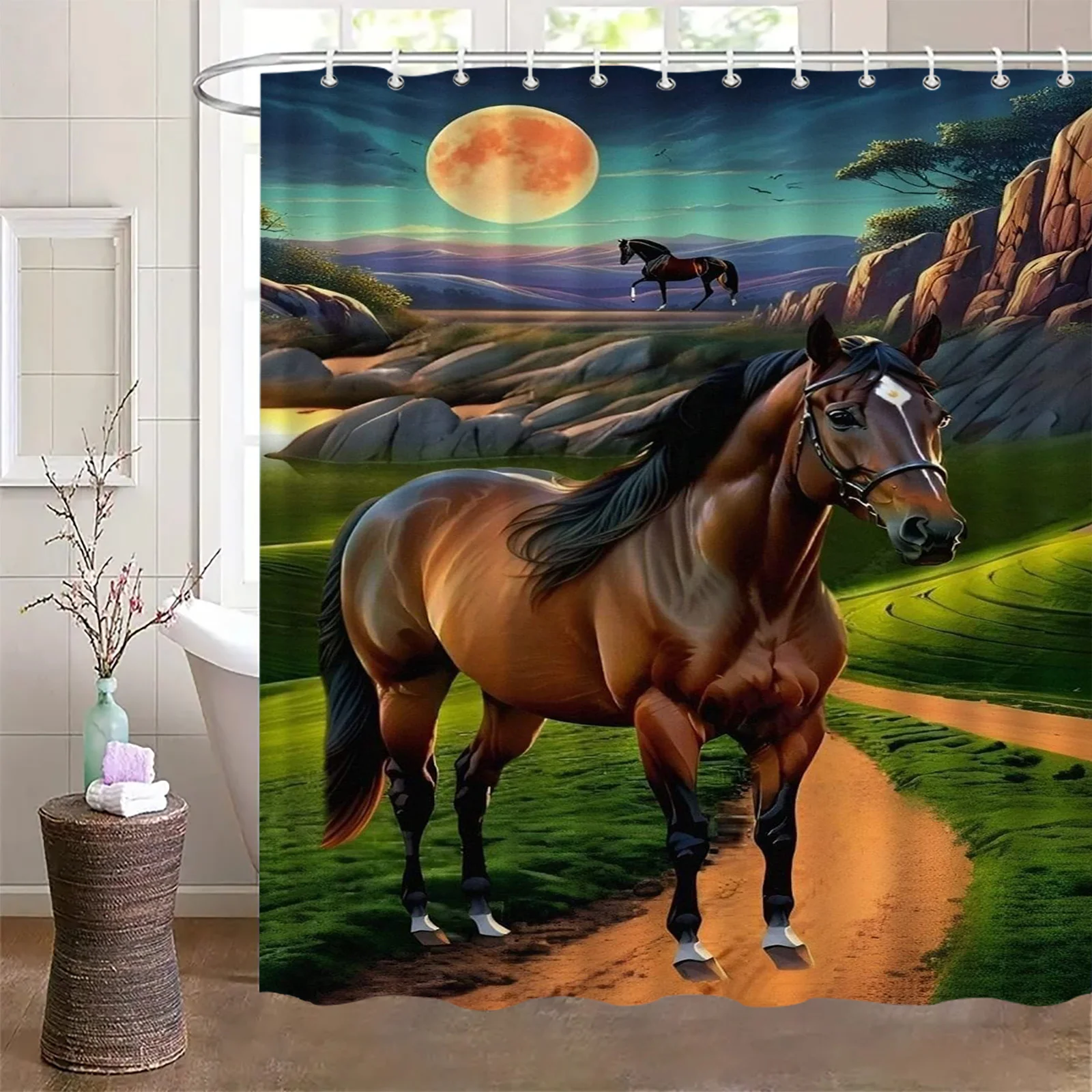 Majestic Horse Shower Curtain Moonlit Landscape & Stallion Print Western Ranch Decor Waterproof Polyester Fabric Bathroom Screen