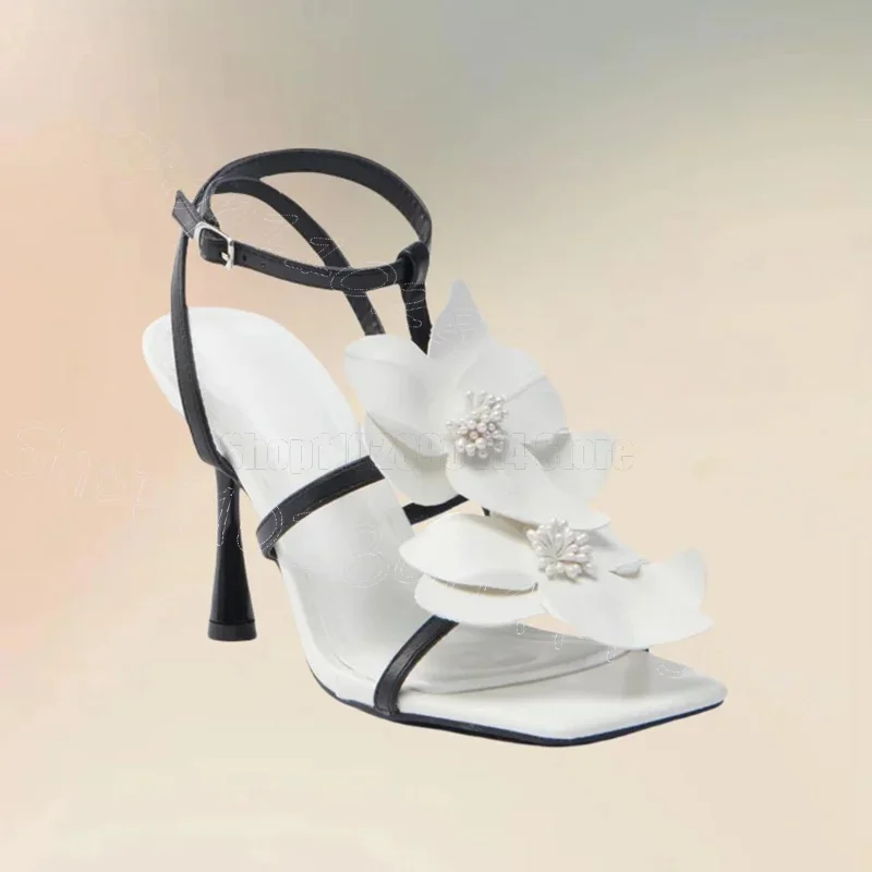 White Beads Appliques Design Open Toe Sandals Buckle Strap Women Shoes Thin High Heels Fashion Banquet 2025 Zapatos Para Mujere