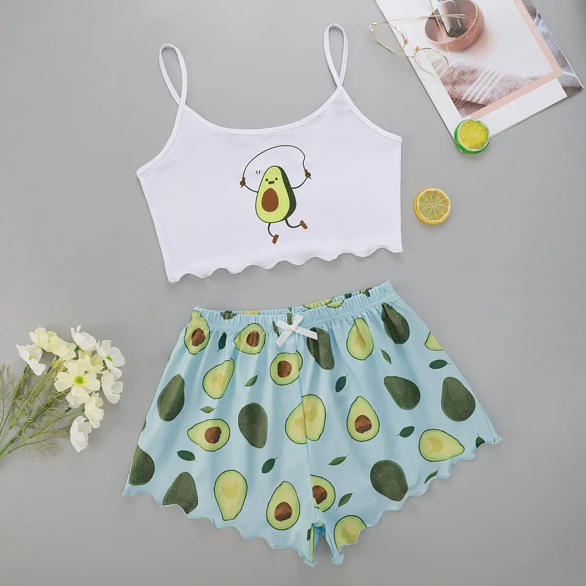 

Комплект для сна: майка с принтом авокадо и шорты, женская летняя пижама, повседневное сексуальное белье, ночная сорочка, домашняя одежда, нижнее белье