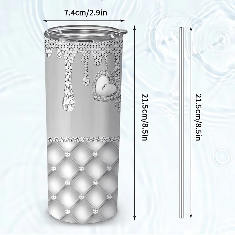 1pc 20oz Silver Satin Drip Rhinestone Quilted Pattern Stainless Steel Insulated Tumblers Coffee Office Travel Mug with Lid Cup Daily Use Leakproof And Bpa Free Keep Drink Hot And Cold Ideal Gift for Women Friends Family On Birthday Christmas Valent