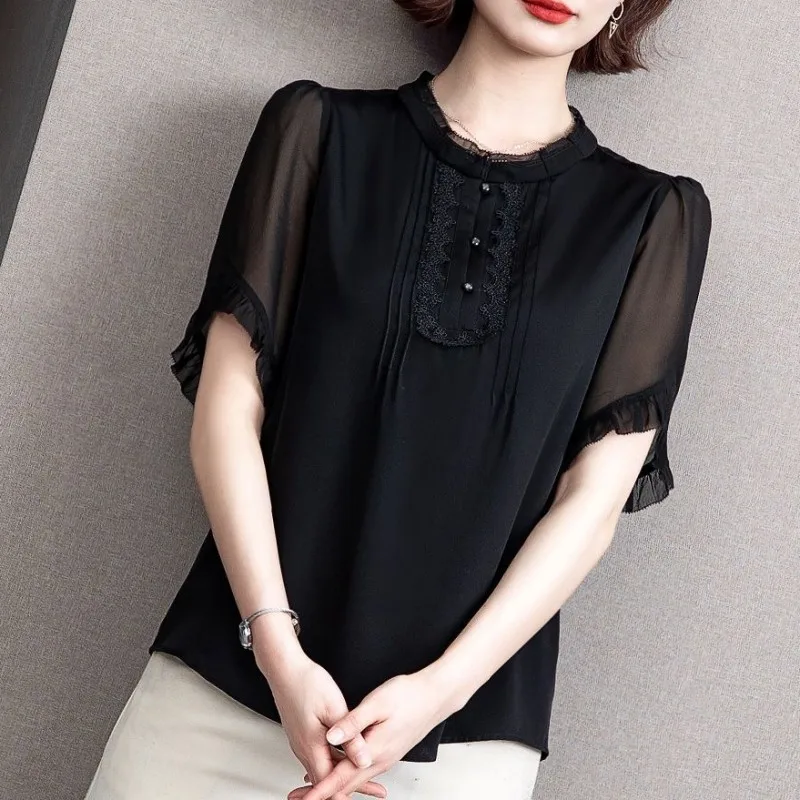 Woman Summer Style Chiffon Blouses Tops Lady Casual Short Sleeve O-Neck Black Color blusas Tops WY1019