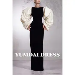 YUMDAI Elegant Women's Black Crepe Mermaid Evening Dress 2024 Formal Wedding Party Dress Beige Lantern Sleeve Backless Dress