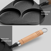 Cast Iron Breakfast Pancake Pan with Wooden Handle 3 Holes Egg Cooker Pan Non-Stick Cooking Egg Ham Pan Uncoated Frying Pot Pan