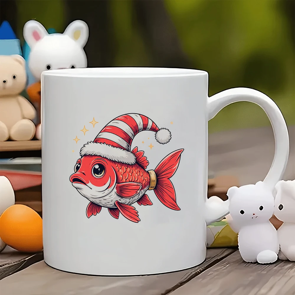 

11oz cartoon Christmas fish mug red and white Santa hat decoration kids gift for family and office essential Christmas item co