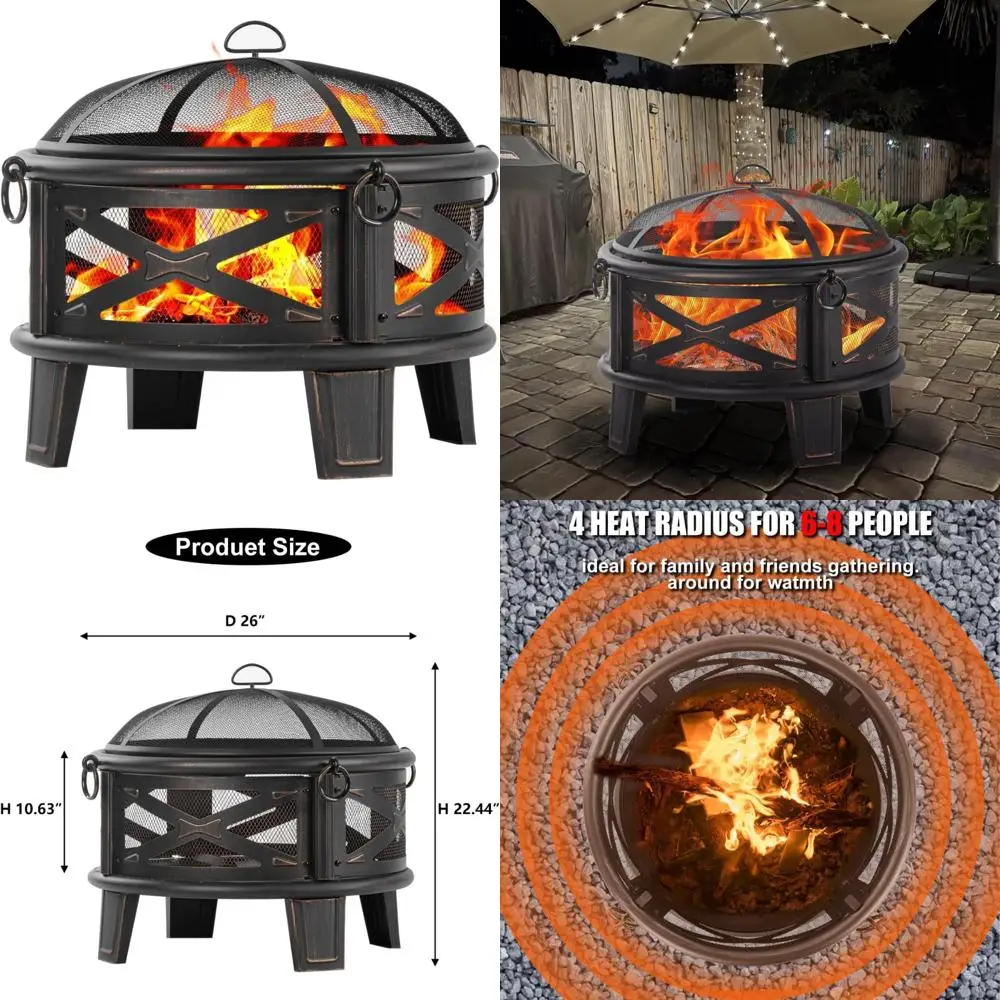 

24" outdoor round metal fire pit with grill and spark guard for patio and backyard campfires