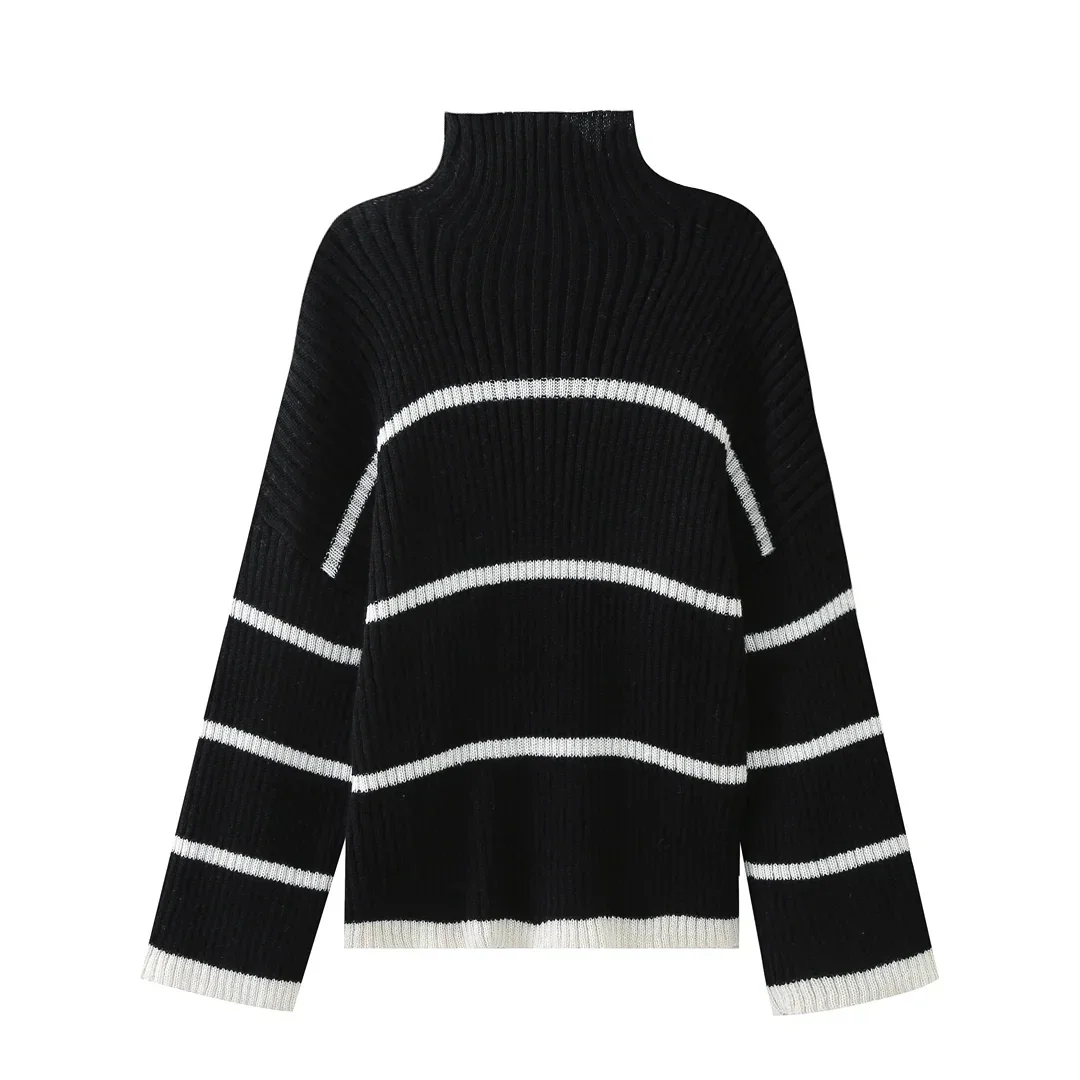 TRAF 2024 Turtleneck Striped Sweater Women Pulovers Long Sleeve Knitted Sweater For Women Autumn Winter Jerseys Woman Jumper