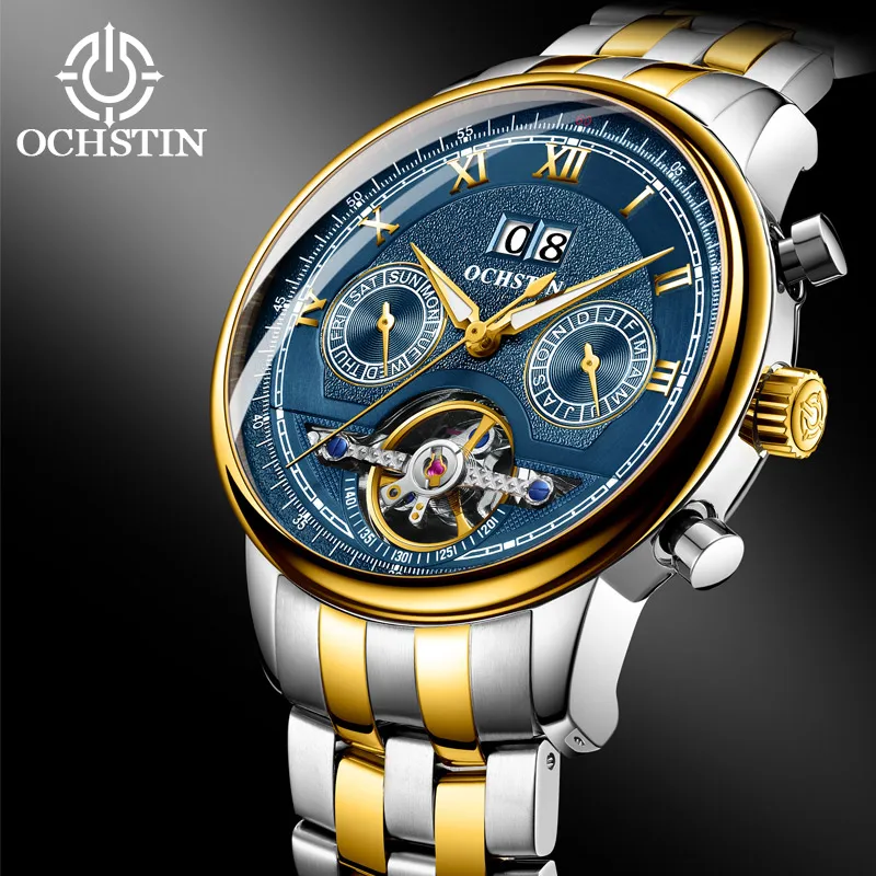 

OCHSTIN Men's Watches Male Automatic Mechanical Waterproof Stainless Steel Strap Tourbillon Calendar Casual Business Wristwatch