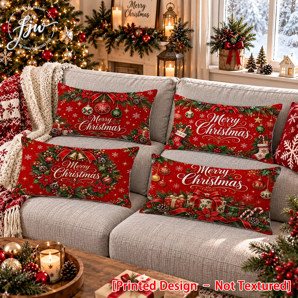 4pc Merry Christmas Lumbar Pillow Covers Red Christmas Decorative Throw Pillow Cases for Holiday Home Sofa Couch Decor