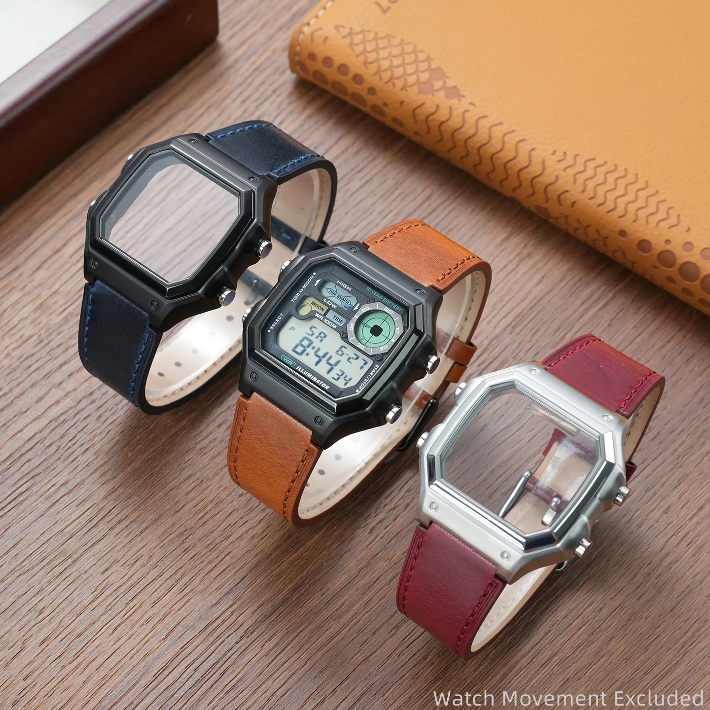 Silver Black Stainless Steel Case Crack Retro Leather Strap Mod Kit For Casio WS-1700 Replacement bezel Band Upgrade Accessories