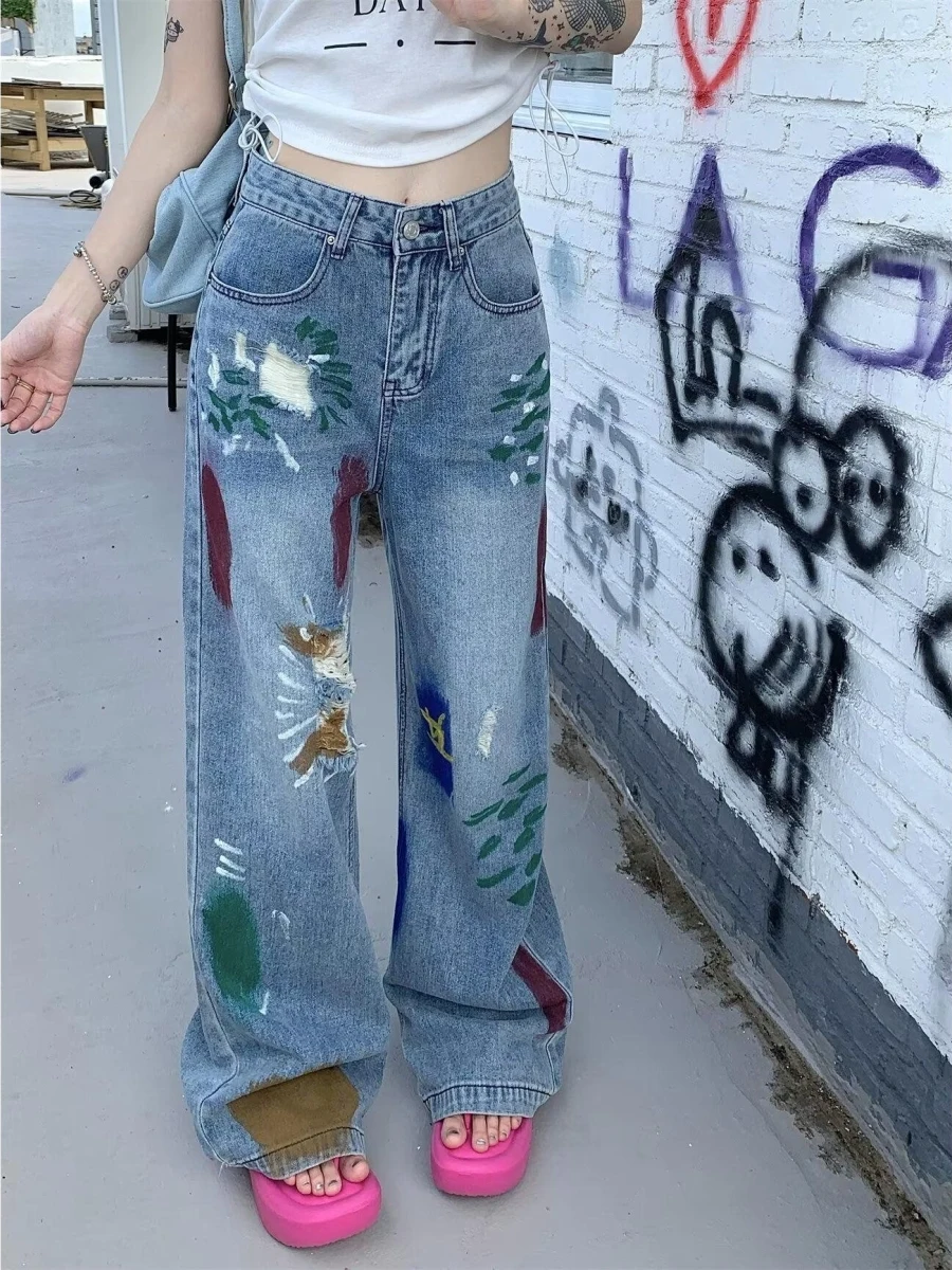 

Свободные джинсовые брюки с высокой талией и окрашенными дырками, женские осенние новые прямые широкие брюки, длинные брюки