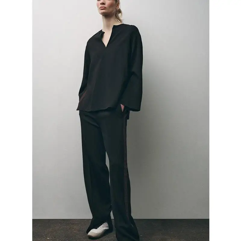 Solto longo sve v-ne briti sle irt feminino primavera nova listra lateral decorado topo fibra de poliéster 00% cor pura