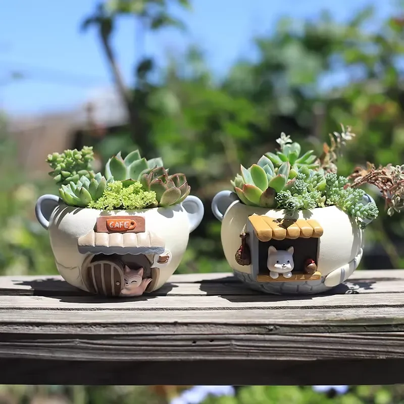 Creative Cartoon Cute Pet Resin Flower Pot Glazed Miniature Garden Plant Pot for Office Balcony Decoration Small Size