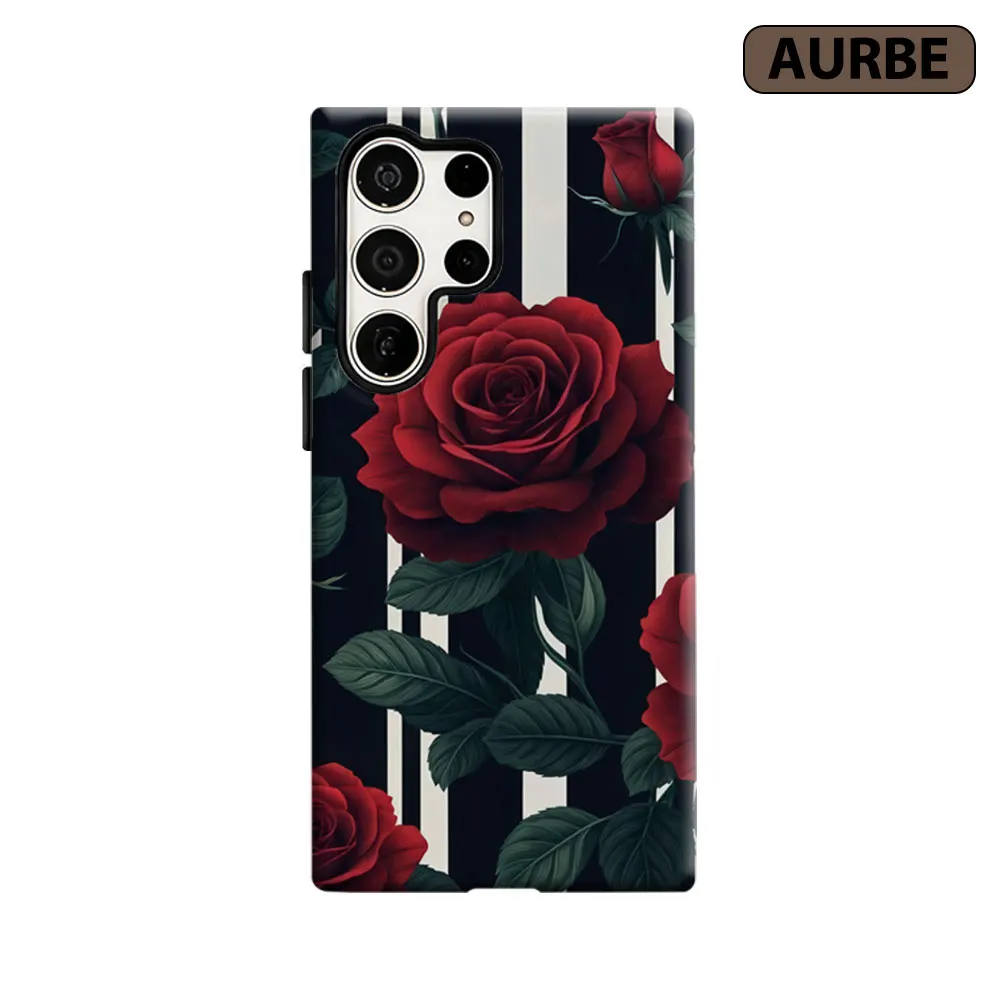 Aurbe Phone Case For Samsung Galaxy S26 S25 S24 S23 Ultra Plus HD Hard Striped Red Roses Double Layer Film Cover