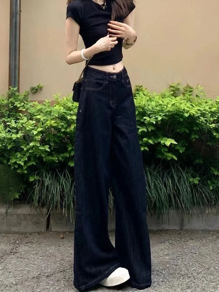Y2K Wide Leg Pants Women Deep Blue Denim High Waist American Retro Loose Fit Slimming Straight Leg Floor Length Trousers