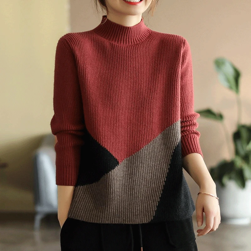 Fashion Women's New Color Blocking Long Sleeve Vintage Sweaters Autumn Winter Casual Commute Half High Collar Patchwork Jumpers