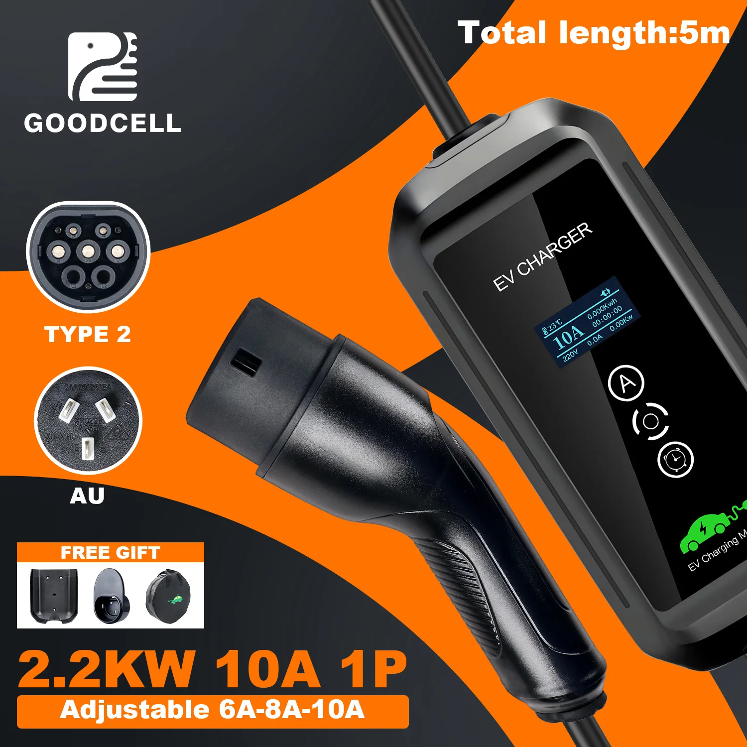 

Зарядное устройство для электромобиля GOODCELL: 10 А, однофазный, 2,2 кВт, разъем питания AU, вилки европейского стандарта, водонепроницаемость IP66