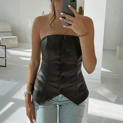 Nvzhuang Womens Sexy Corset Crop Tops Strapless Solid Color Button Down PU Leather Bustier Tube Top Summer Going Out Tank Top