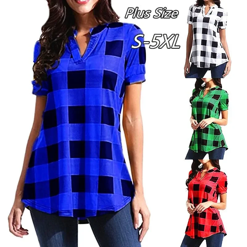 

Хит продаж 2025 года в Европе и Америке: женская рубашка с V-образным вырезом, коротким рукавом, свободного кроя, с принтом в клетку.