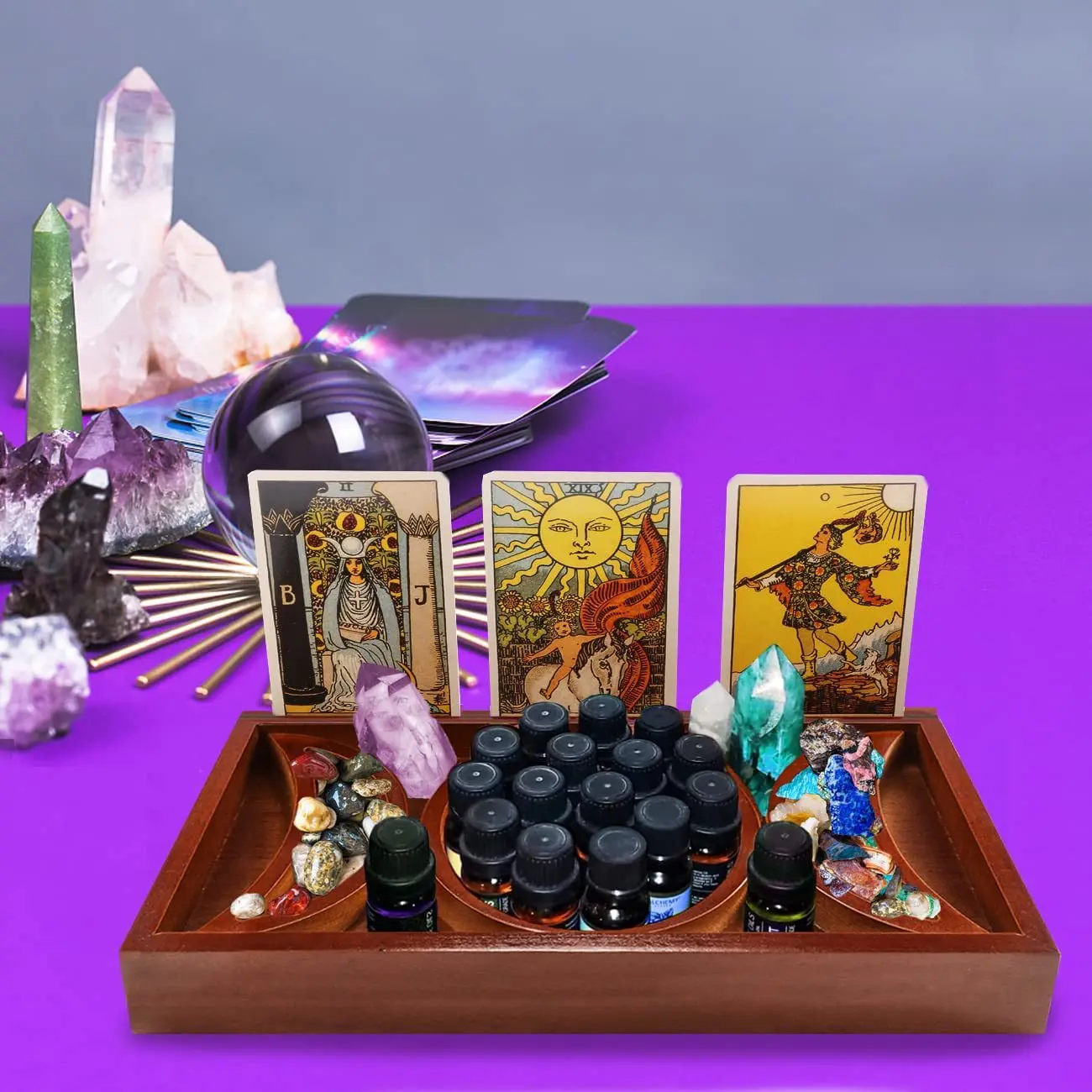 Nuovo Wicca Crystal Storage Torre in legno Supporto per tarocchi Tee Fase Moon Star Crtsmanip Decorazioni per la casa Artefatti dal design unico