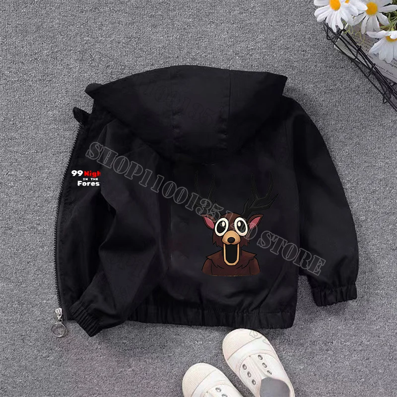 Jaket Lengan Panjang 99 Nights in Forest Boys Jaket Zip Up Berkerudung Motif Game Hitam Keren Pakaian Atasan Tahan Angin Musim Gugur Musim Semi