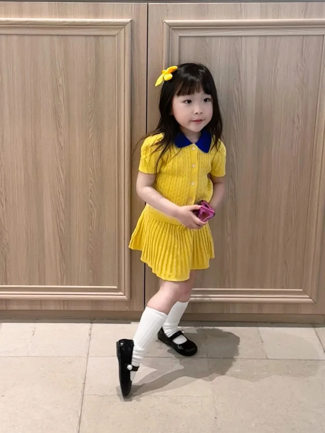 dopamine-knitted-set-summer-new-style-girls-yellow-short-sleeve-top-half-skirt-cute-children's-clothing-korean-style-2-10-yea