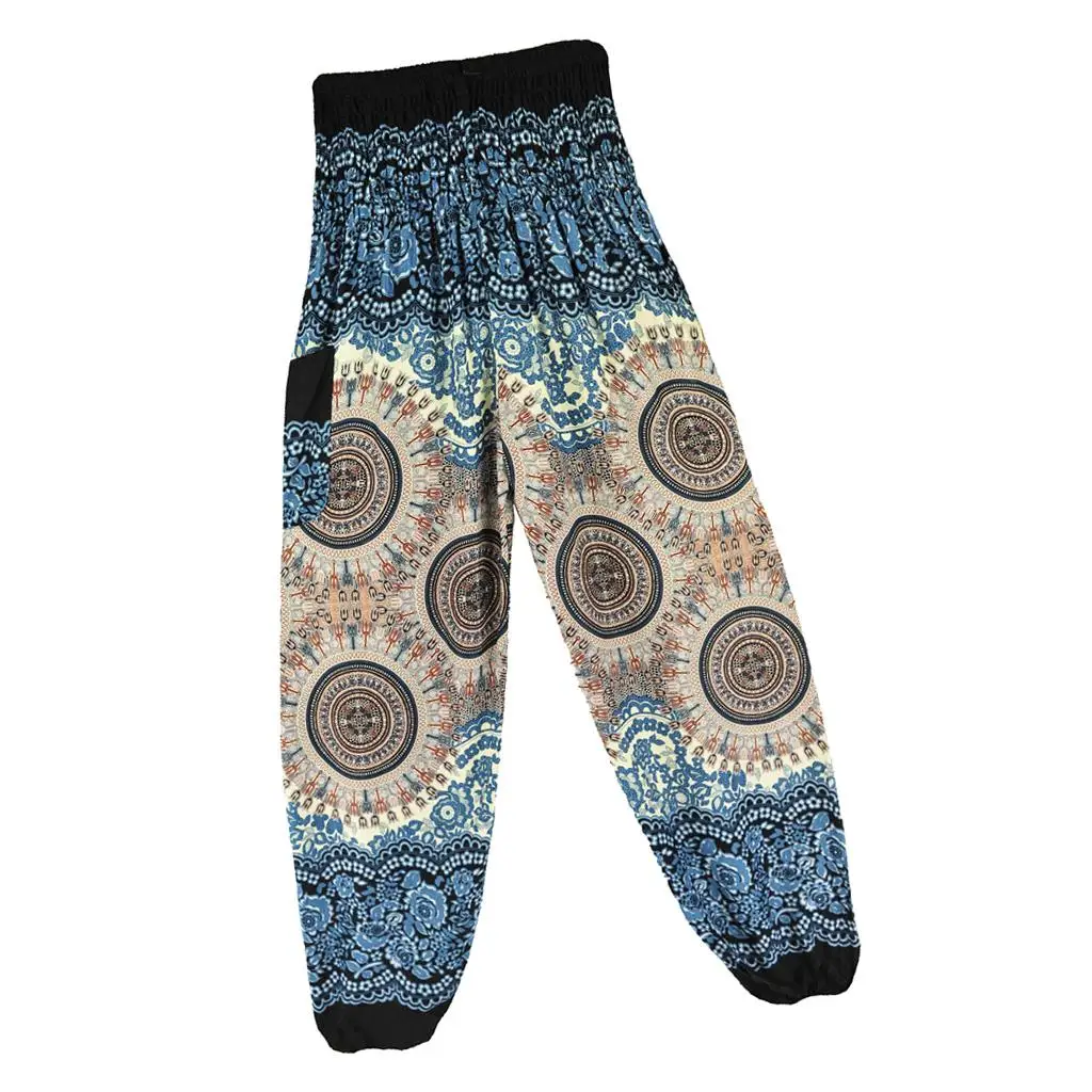 Bohemian Print Compass Smocked Waist Harem Pants High Waist Wide Leg Yoga Pants for Women Maternity Relaxation