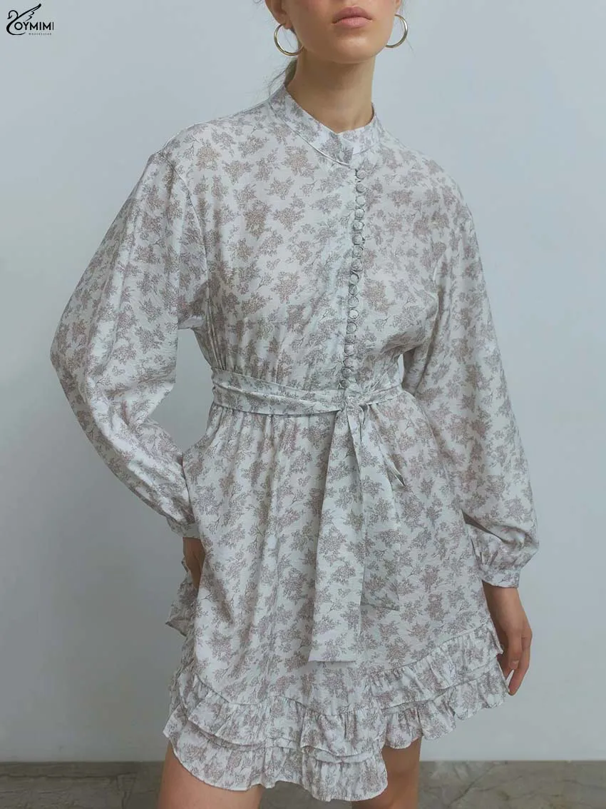 

Oymimi Elegant Khaki Print Womens Dresses Fashion O-Neck Long Sleeve Lace-Up Dresses Autumn Button Pleated High Waist Mini Dress