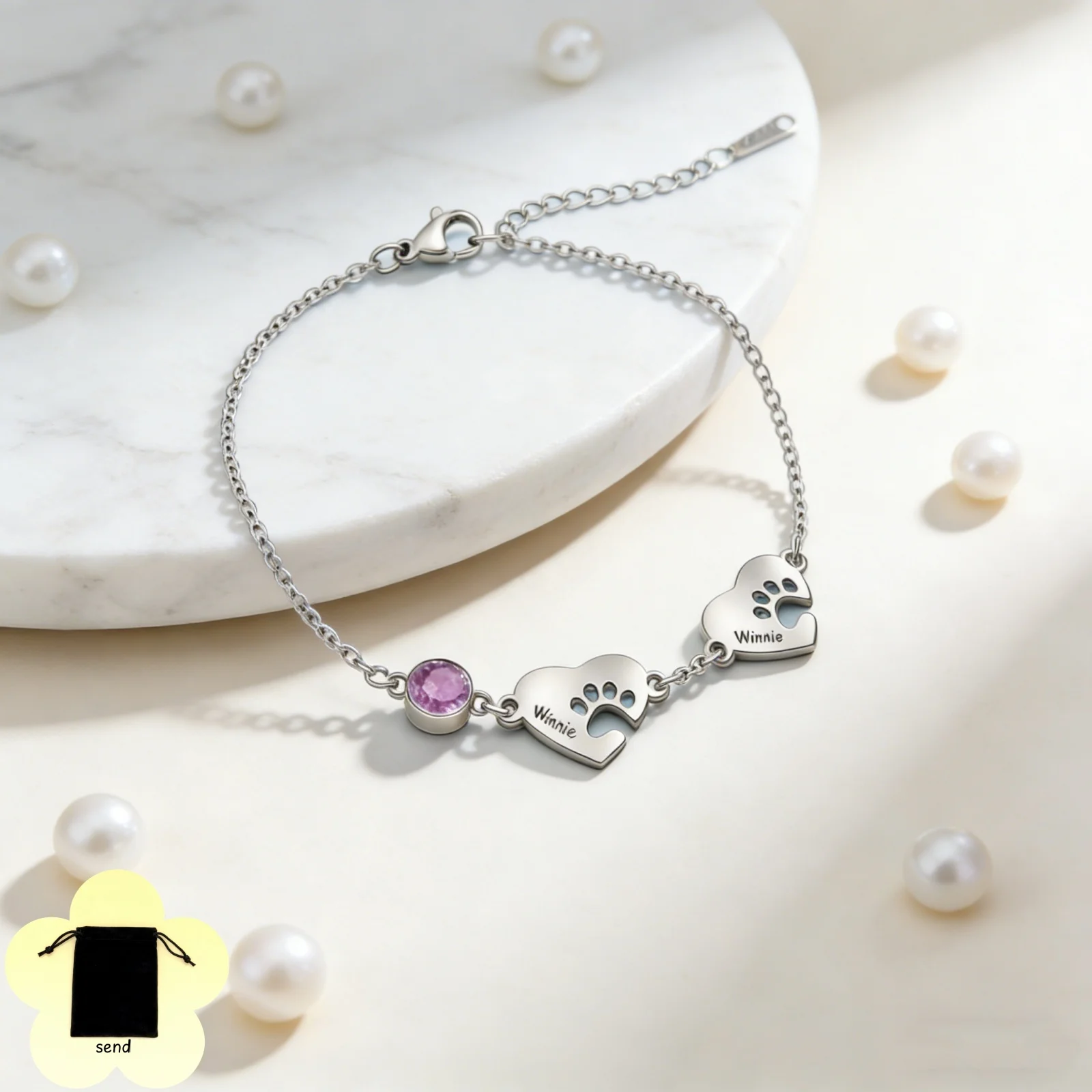 Customize 2 heart-shaped pet name text paw print bracelets with month rhinestones and stainless steel pet enthusiast gifts
