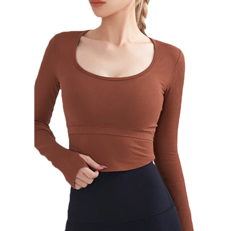 PofyBofy Scoop Neck Yoga Crop Long Sleeve with Build-in Bra Pilates Crops Workout Crop Top Ribbed Thumbhole Bra Crops Gym Crop