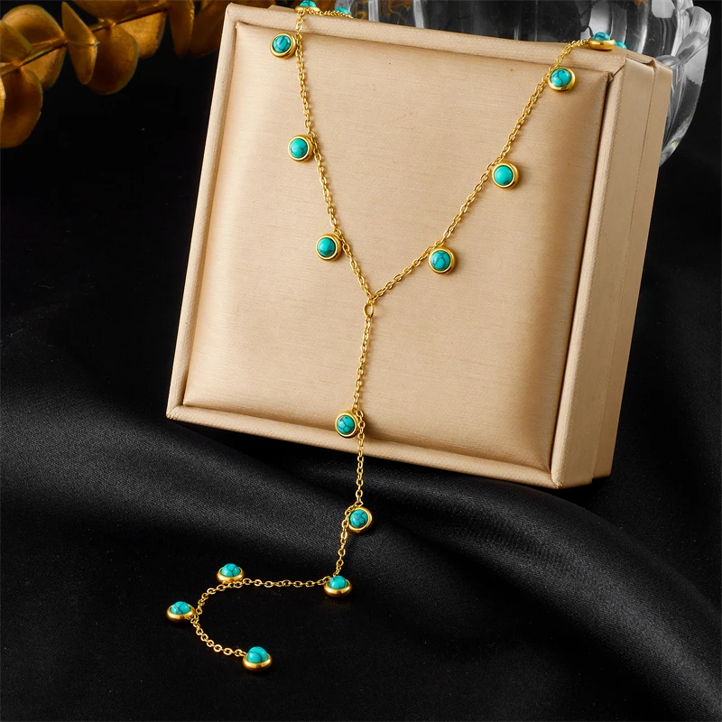 Edelstahl-Halskette mit rundem Türkis-Quastenanhänger für Damen, neuer Modetrend, Halsschmuck, Geschenk