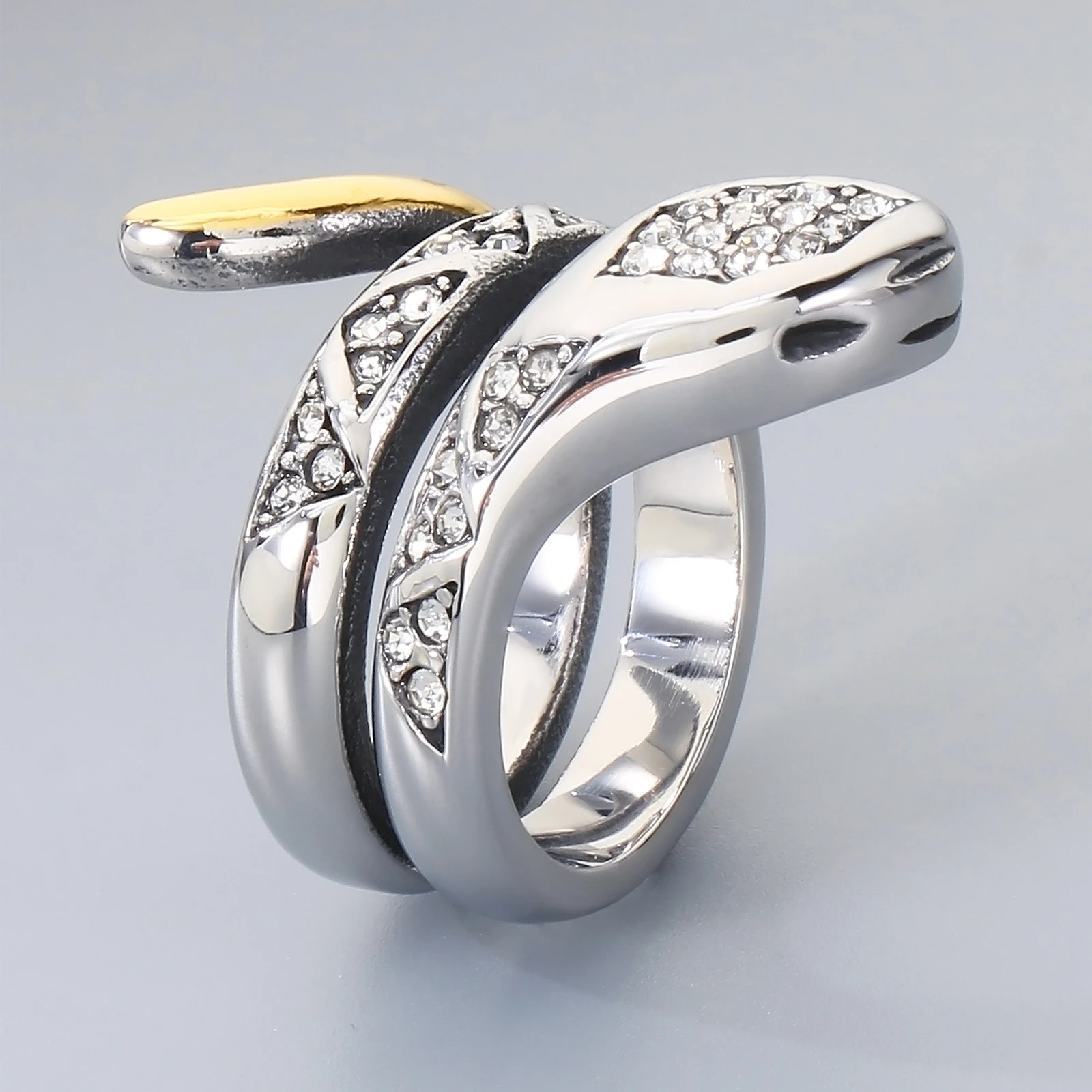Silver Gold Color Snake Shape Open Ring Zircon Inlaid Retro Punk Finger Ring Unisex Party Hip Hop Fashion Jewelry Gift
