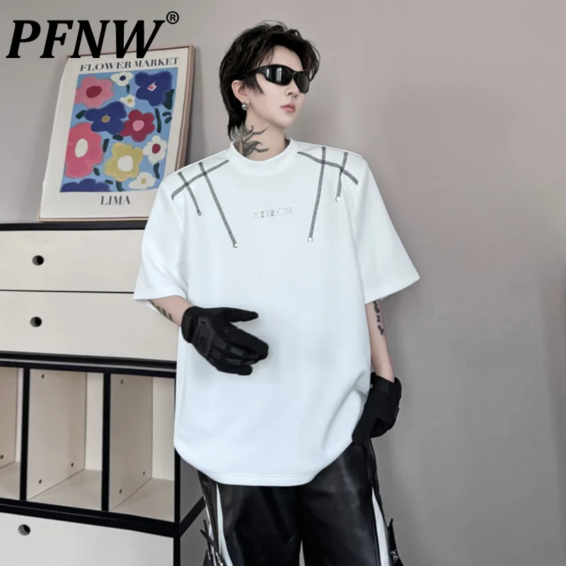 

PFNW 2024 New Summer T-shirt O-neck Letter Stamping Rivet Heterochromatic Line Short Sleeve Top Casual Loose Tees Male 28W3201